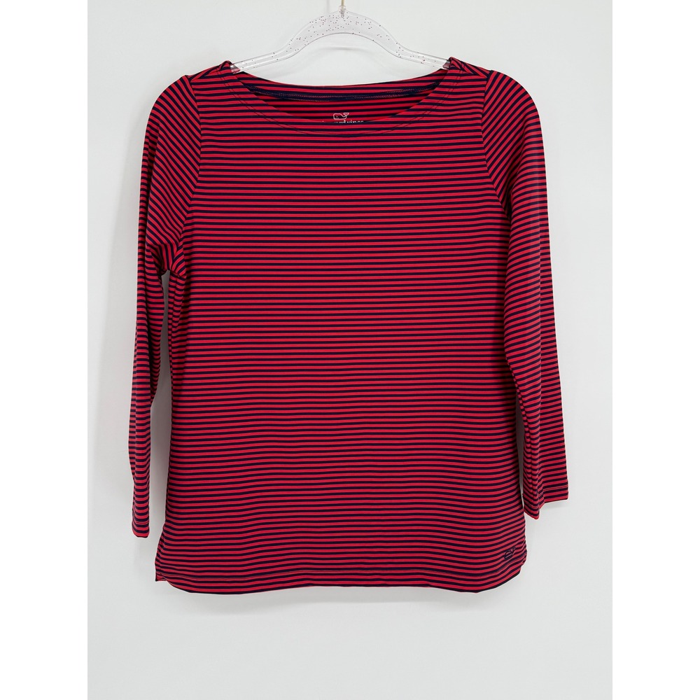 Vineyard Vines Sankaty Striped Long Sleeve Top Womens Sz S Red Navy Boat Neck
